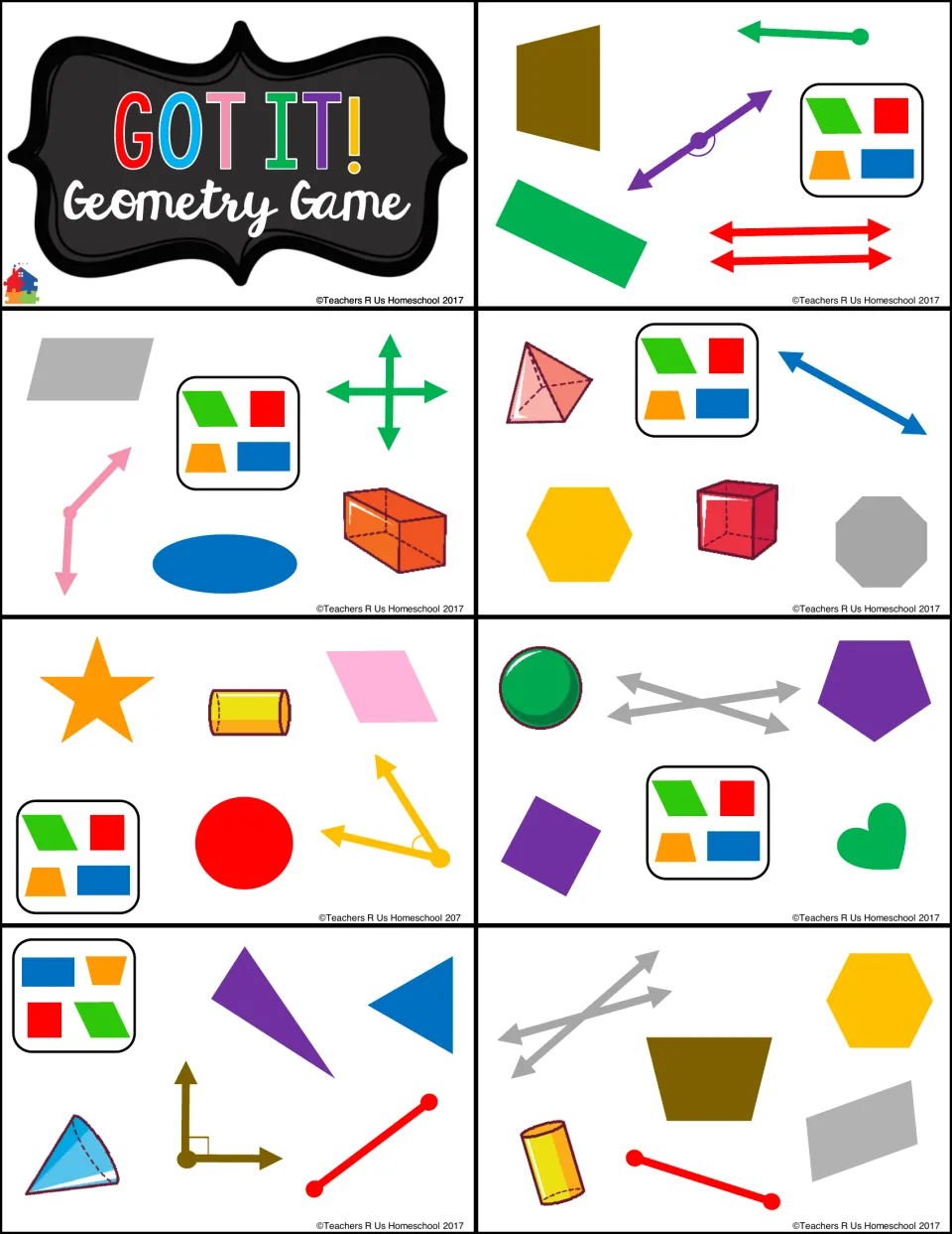First card sheet has the title card and seven playing cards featuring quadrilaterals, solids, and angles
