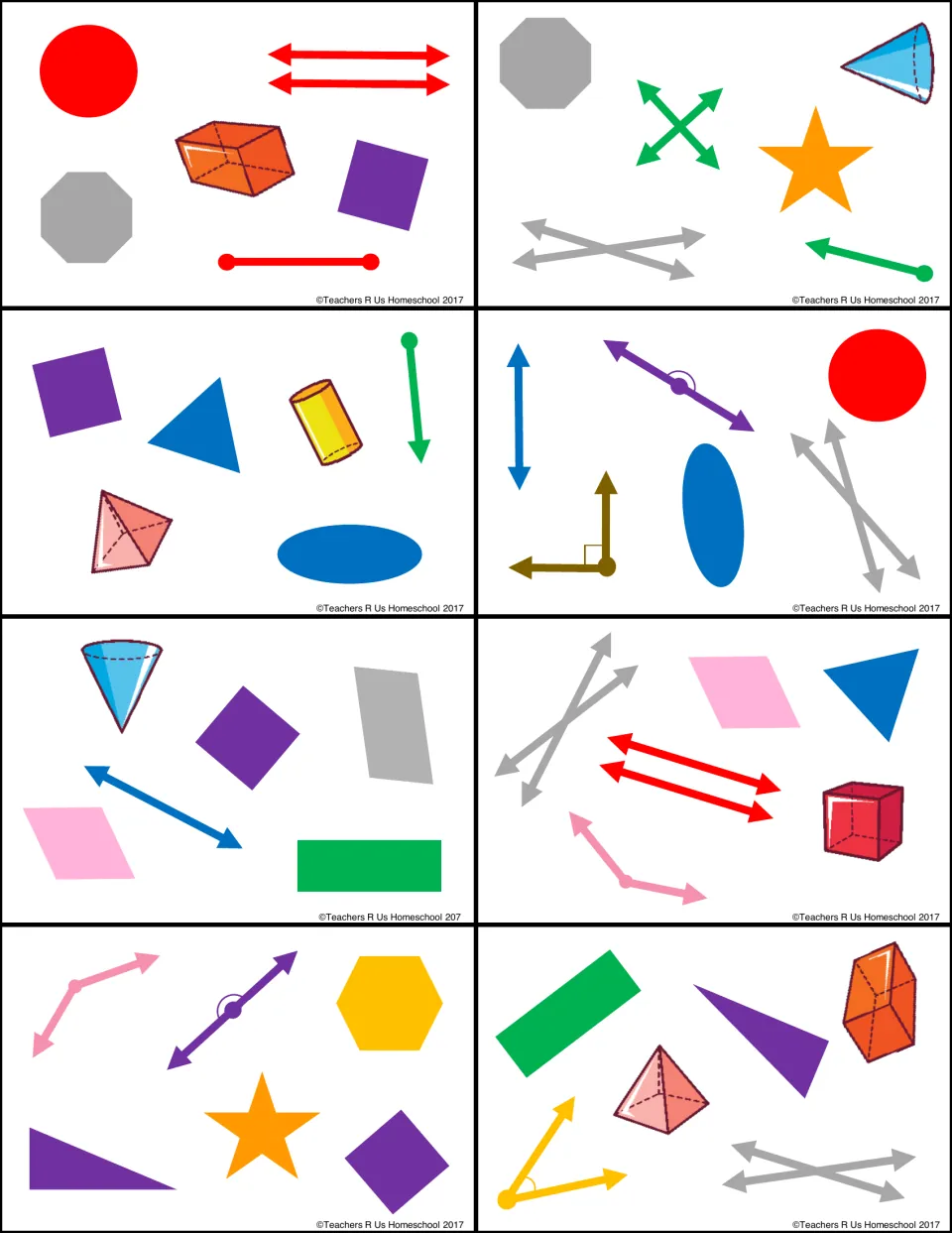 Geometry playing cards 8–15 show matching symbols including parallel lines, a cylinder, a cone, and a cube