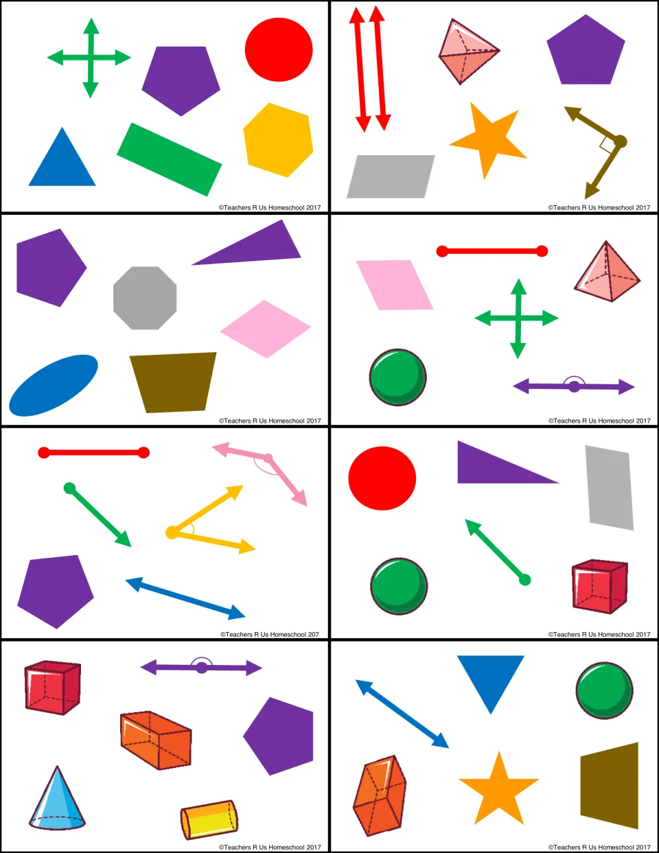 Geometry playing cards 16–23 feature pentagons, spheres, pyramids, line segments, and other matching symbols