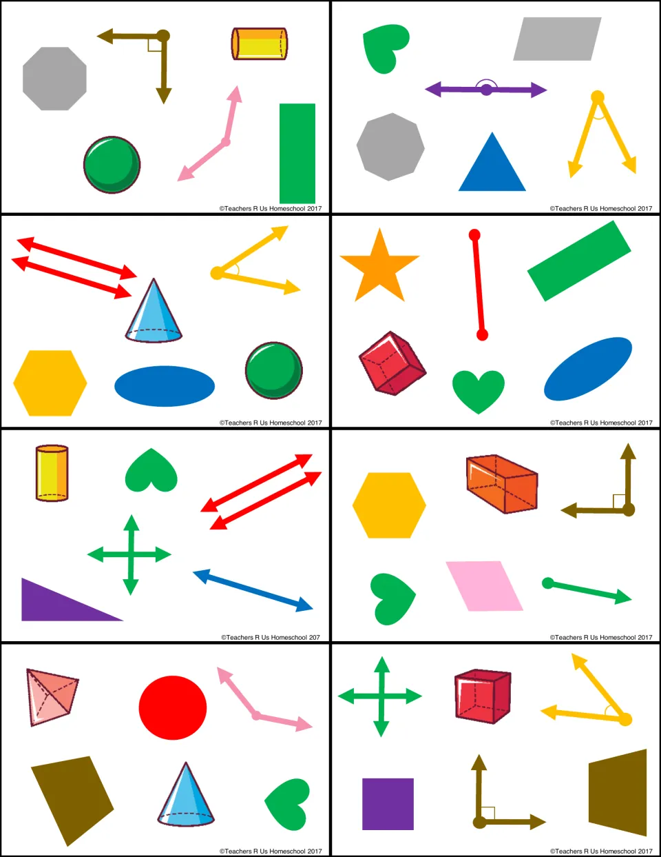 Geometry playing cards 24–31 include hearts, octagons, cylinders, right angles, and perpendicular lines