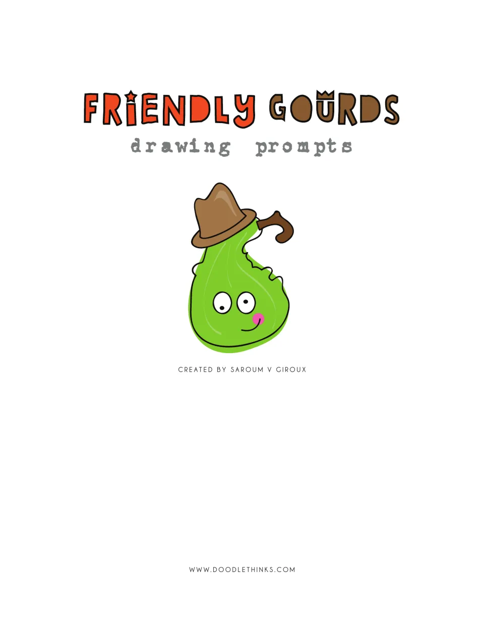 Friendly Gourds drawing prompts cover by Saroum V Giroux, showing a smiling green gourd character wearing a brown hat