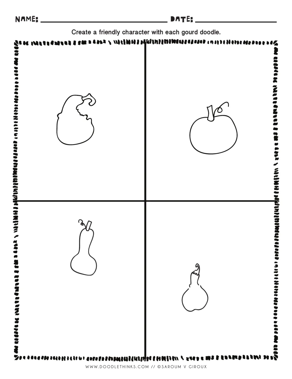 Gourd character drawing: students turn four gourd outlines, such as a round pumpkin and a bottle gourd, into friendly faces