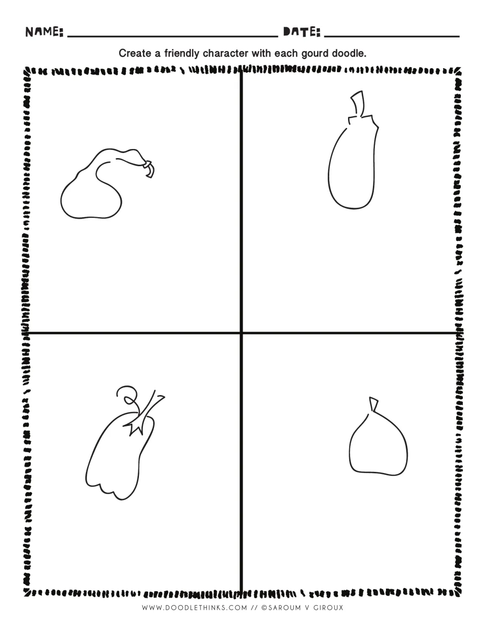 Gourd character drawing: students add faces to a swan-neck gourd, a long squash, a bumpy gourd and a squat gourd