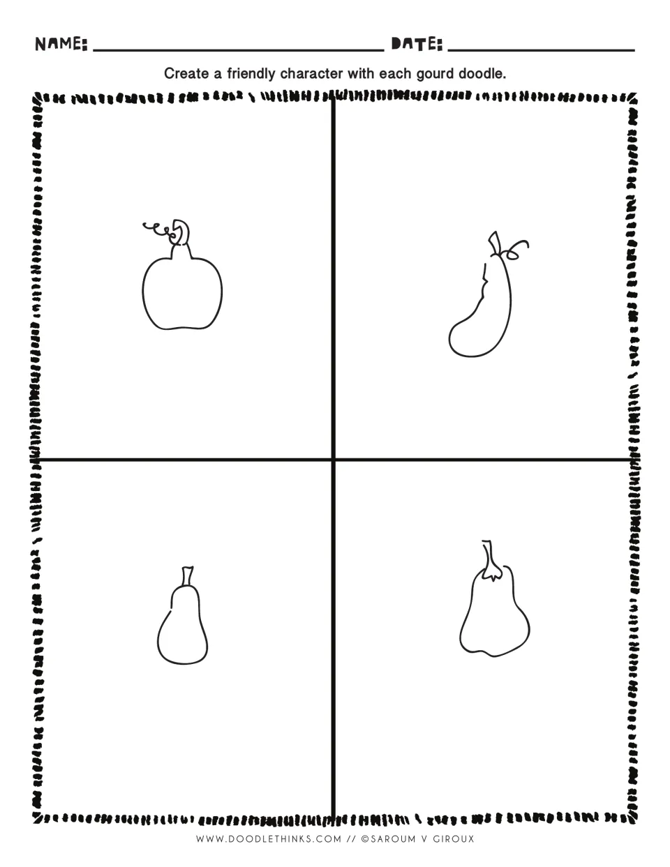 Gourd doodle prompts: students make characters from a round pumpkin, a curved crookneck squash and two pear-shaped gourds