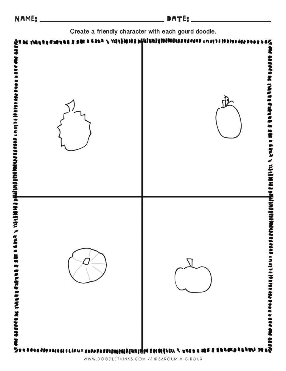 Gourd doodle prompts: students create characters from a jagged gourd, an oval gourd and two pumpkins, one seen from above