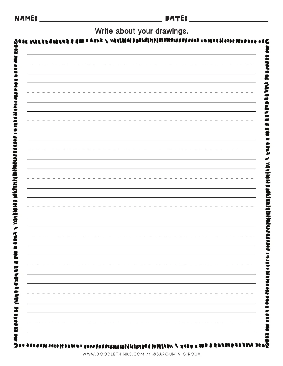 Write about your drawings: students describe their gourd characters on primary-style handwriting paper