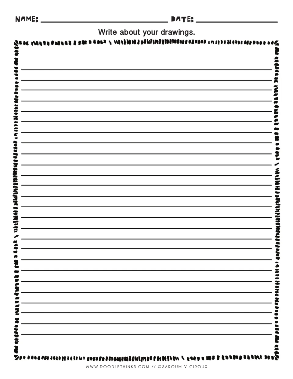 Write about your drawings: students write at length about the characters they invented, on narrow-ruled writing paper