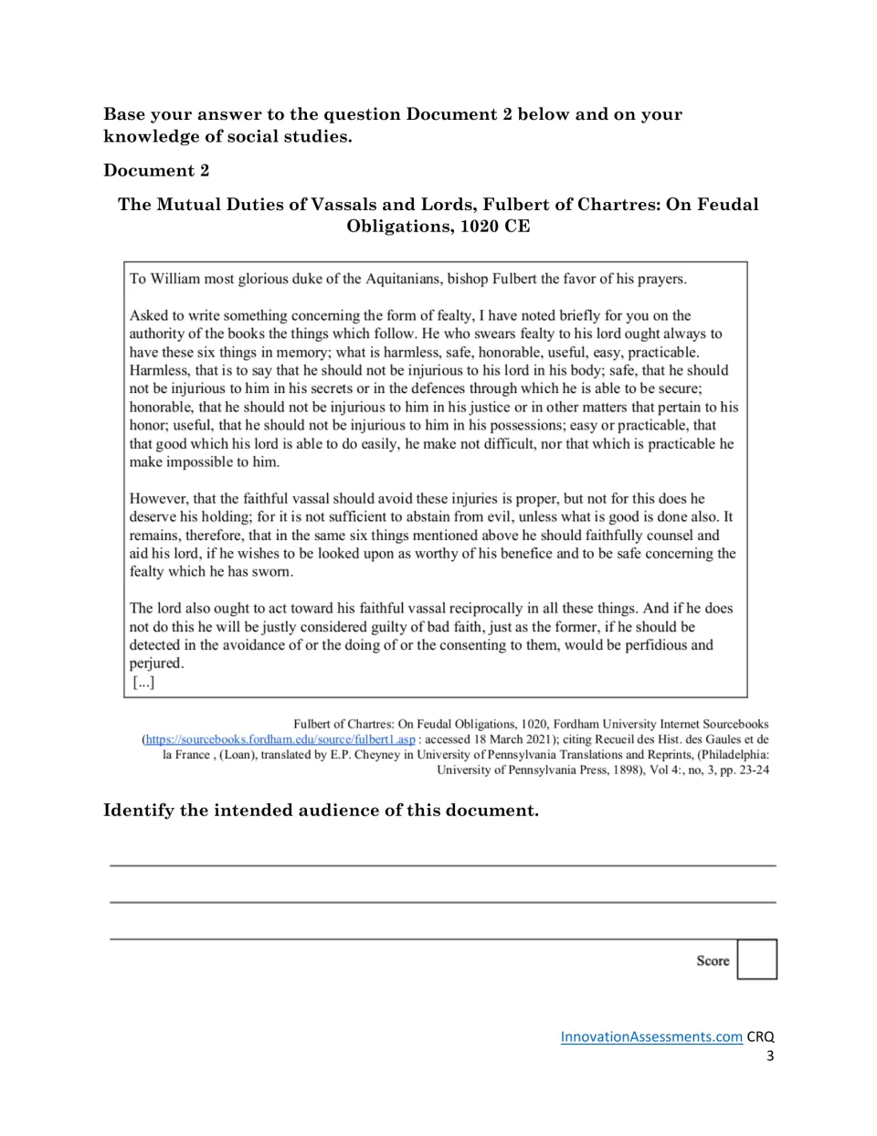 Feudal obligations: students read Fulbert of Chartres on duties of vassals and lords, then identify the document's audience