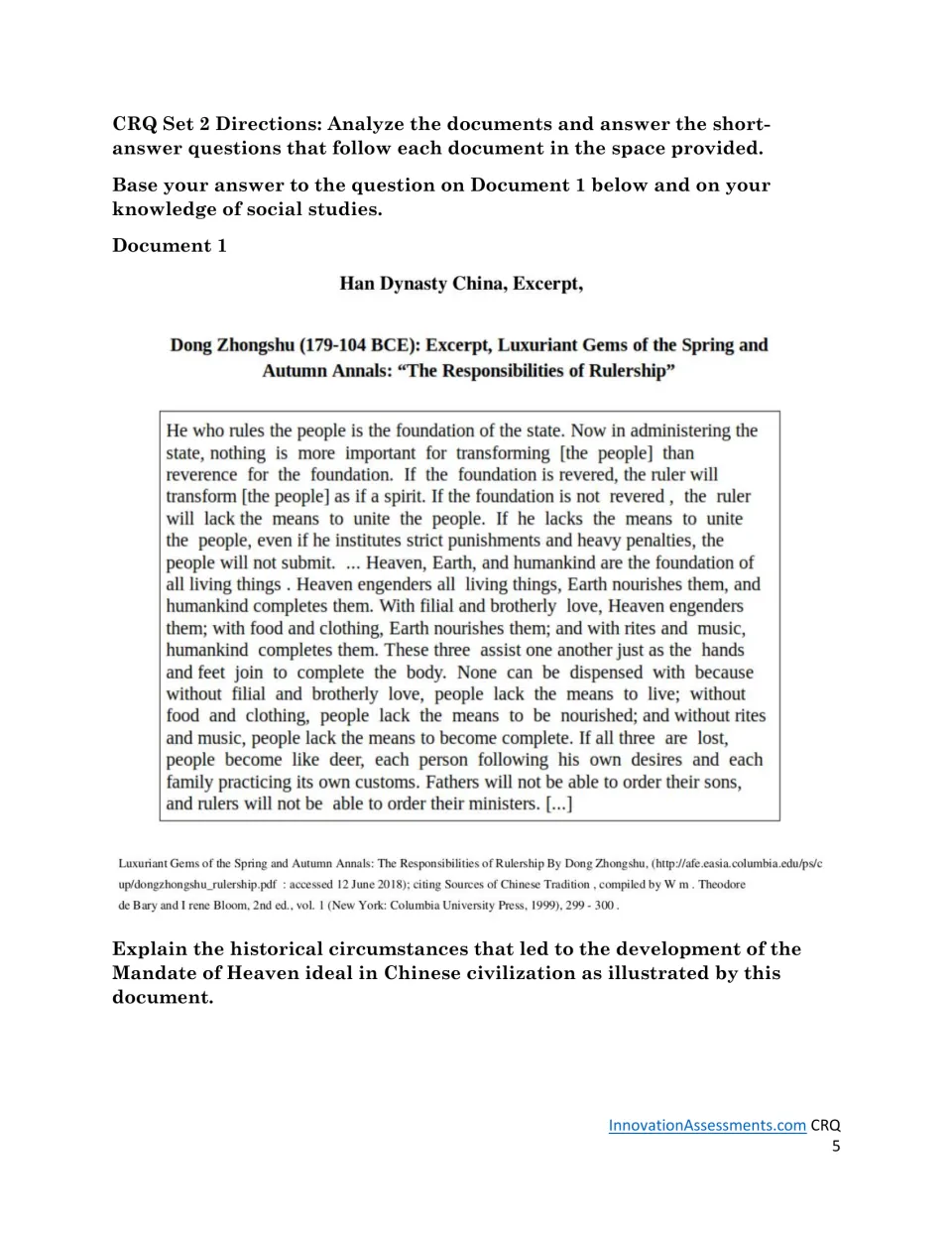 Han dynasty rulership: students read Dong Zhongshu's excerpt and explain what led to the Mandate of Heaven ideal