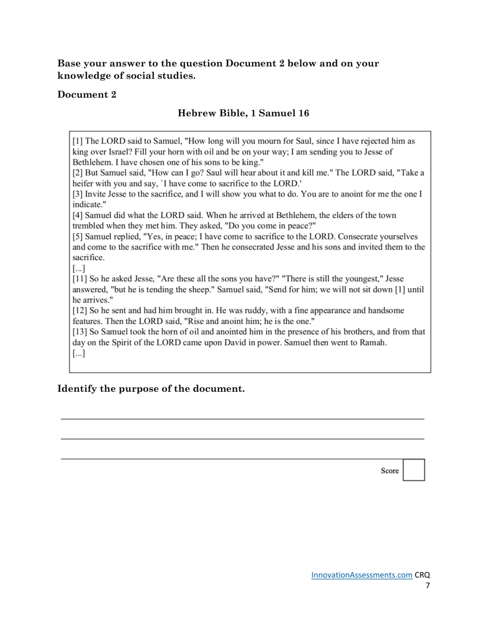 Anointing of David in 1 Samuel 16: students read the Hebrew Bible passage and identify the purpose of the document
