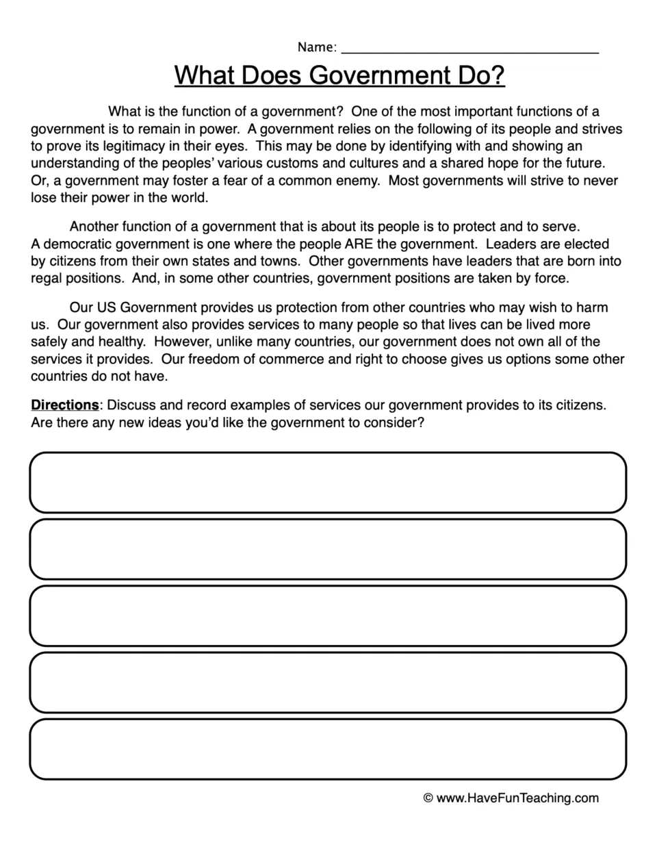 What Does Government Do? reading on power, protection and services; students record government services and new ideas