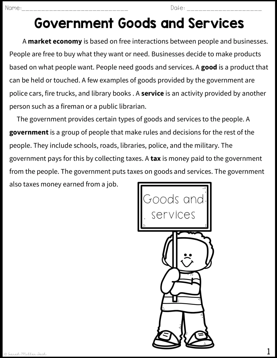 Reading passage introduces a market economy, government goods and services, and how taxes pay for them.