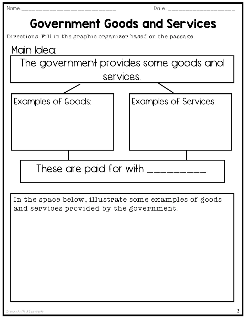 Graphic organizer asks for government goods, services, how they are paid for, and illustrations of examples.