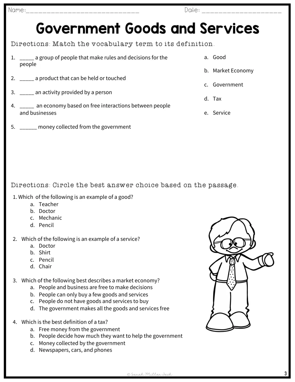 Vocabulary matching covers five economics terms; questions 1–4 review goods, services, market economy, and tax.