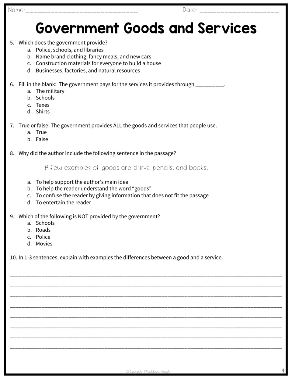 Questions 5–10 cover government services, taxes, and word examples, ending with a goods-and-services response.
