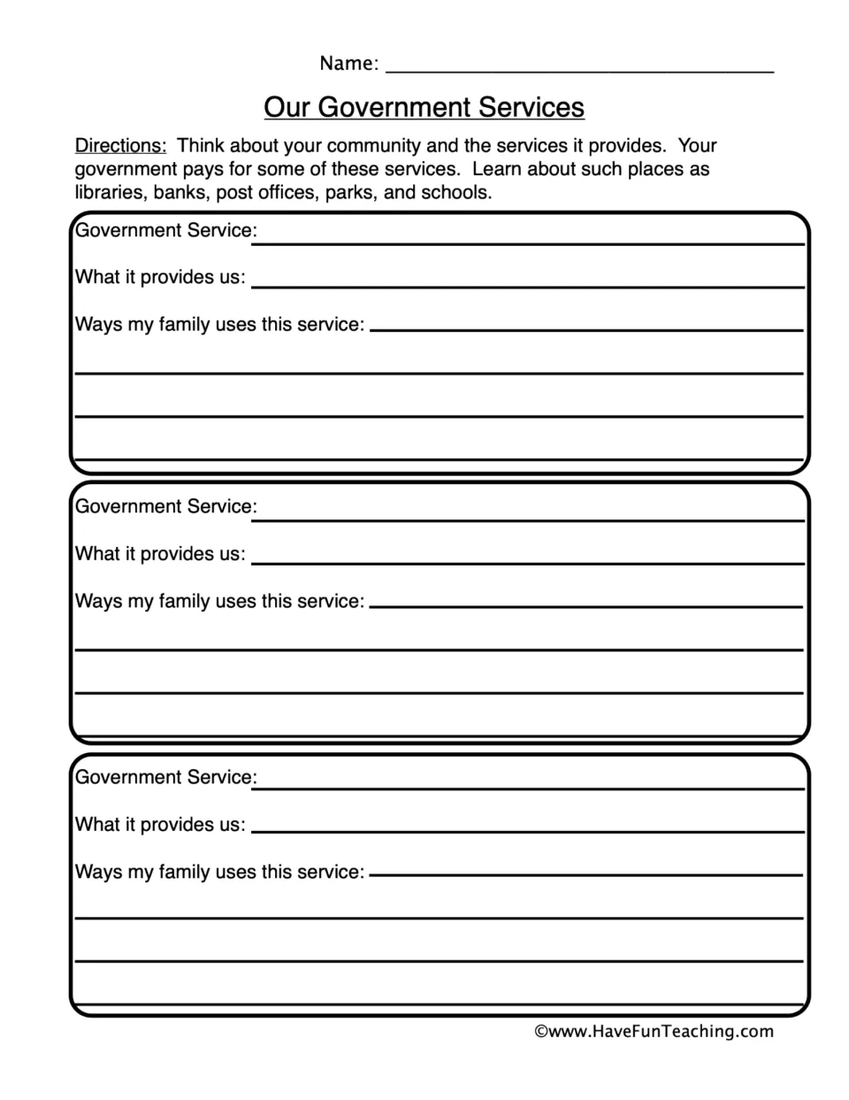 Our Government Services: students name 3 community services, what each provides and how their family uses it