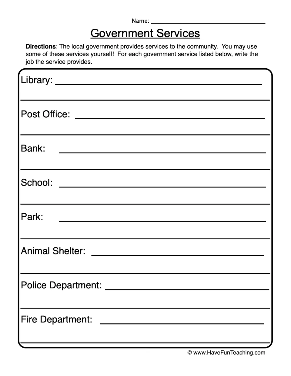 Government services worksheet asking students to describe the jobs of a library, post office, bank and five more.