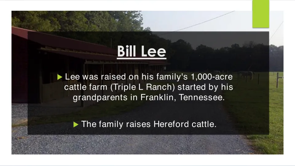 Biography slide on Bill Lee's childhood at Triple L Ranch, his family's 1,000-acre farm raising Hereford cattle