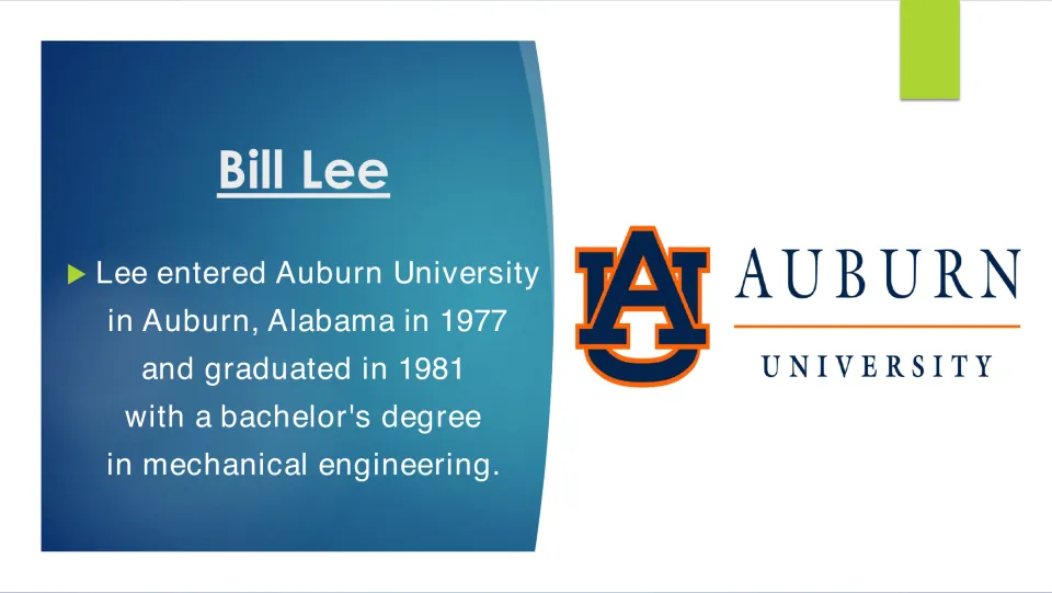 Education slide tracing Bill Lee's Auburn University studies from 1977 to a 1981 mechanical engineering degree