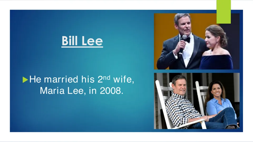 Family biography slide stating that Bill Lee married his second wife, Maria Lee, in 2008, with two photos