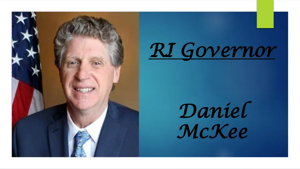 Biography presentation cover introducing Rhode Island Governor Daniel McKee, with his name and portrait