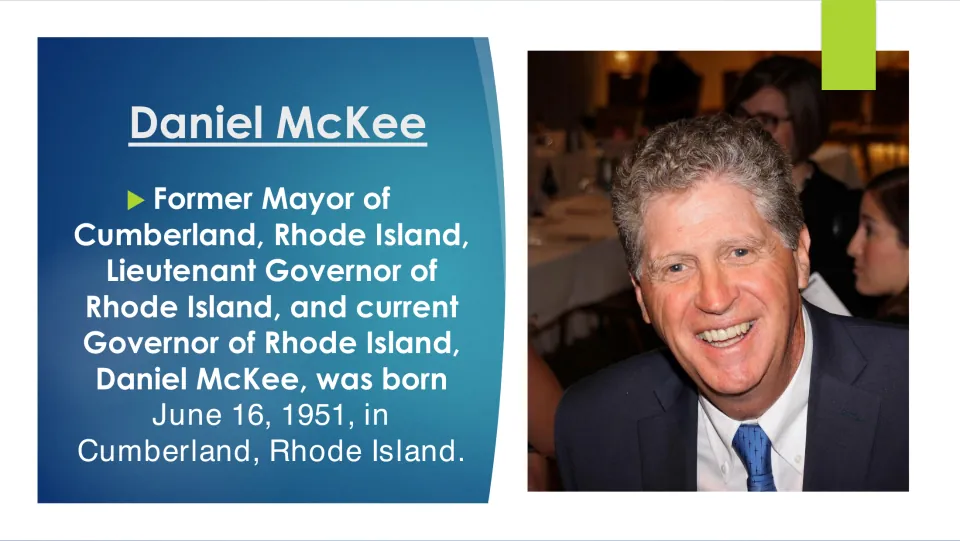 Biography slide introducing McKee’s political roles and his birth on June 16, 1951, in Cumberland, Rhode Island