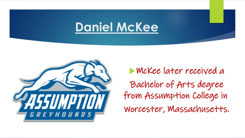 Education slide describing McKee’s Bachelor of Arts degree from Assumption College in Worcester, Massachusetts