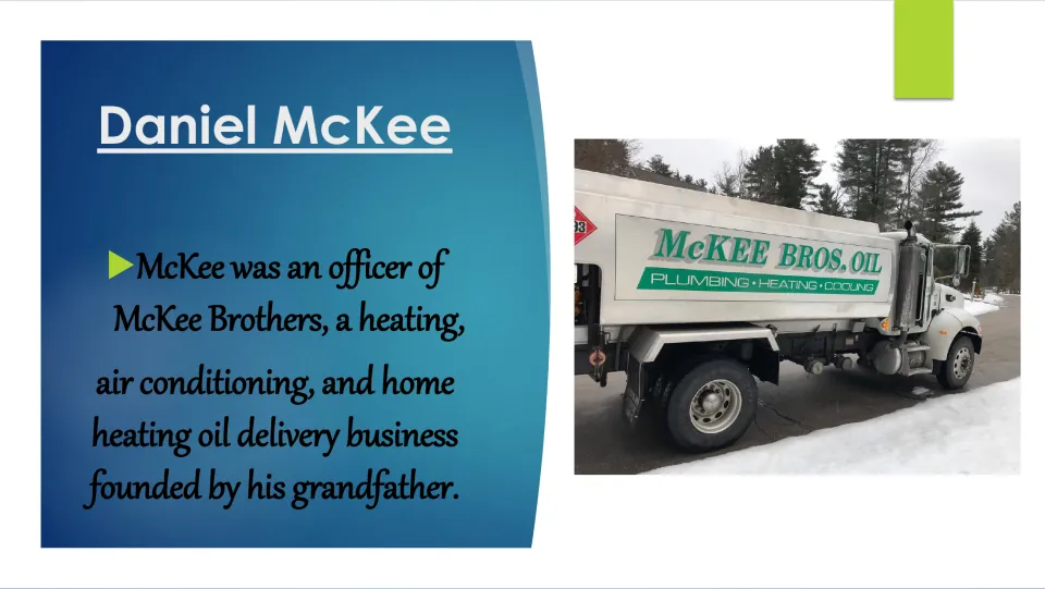 Business background slide describing McKee’s officer role at McKee Brothers, a company founded by his grandfather