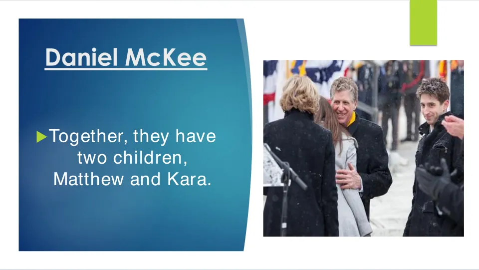 Family biography slide naming Daniel and Susan McKee’s two children, Matthew and Kara, beside an outdoor photo