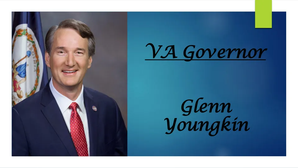 Biography presentation cover identifying Glenn Youngkin as Virginia governor, with his official portrait
