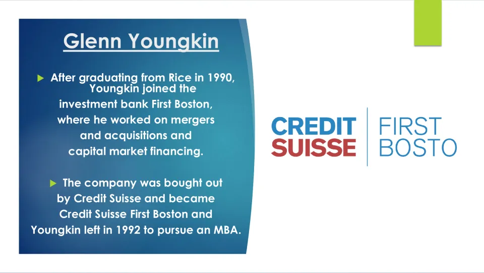 Biography slide describing Youngkin's First Boston investment banking work and his 1992 departure to pursue an MBA