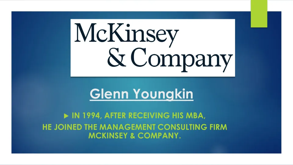 Biography slide noting that Youngkin joined management consulting firm McKinsey & Company in 1994 after his MBA