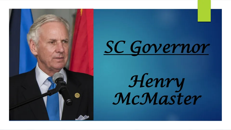 Biography presentation cover titled 'SC Governor Henry McMaster,' with a portrait of McMaster at a microphone