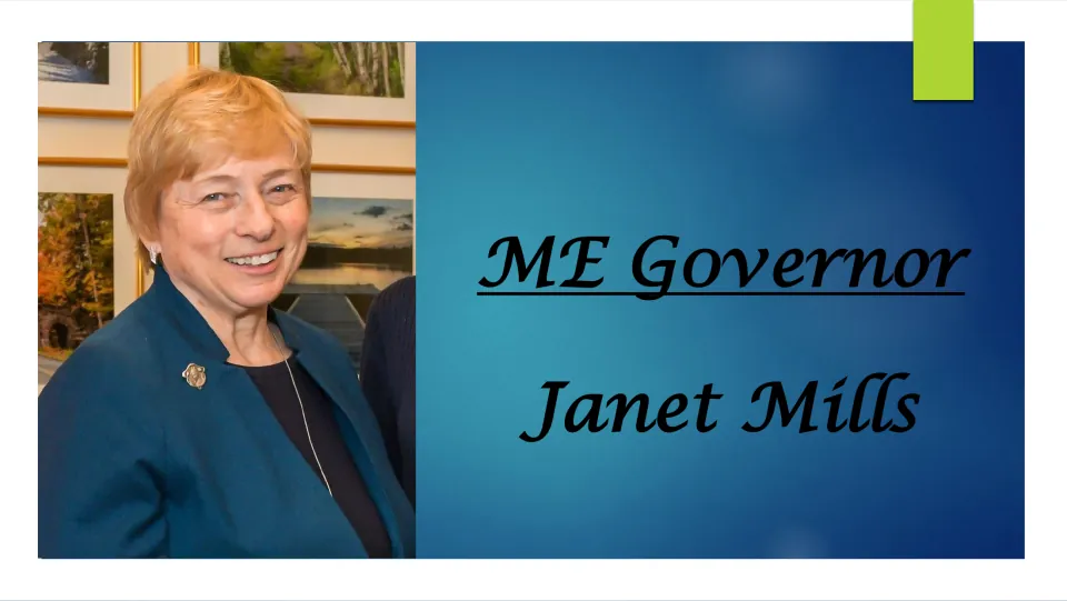 Biography presentation cover showing Janet Mills's portrait and the title text 'ME Governor Janet Mills'