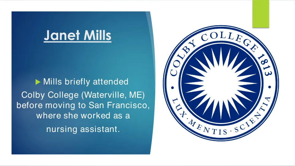 Biography slide covering Mills's brief attendance at Colby College and work as a nursing assistant in San Francisco