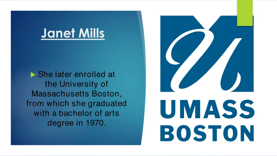 Education slide stating that Mills earned a bachelor of arts degree from the University of Massachusetts Boston in 1970