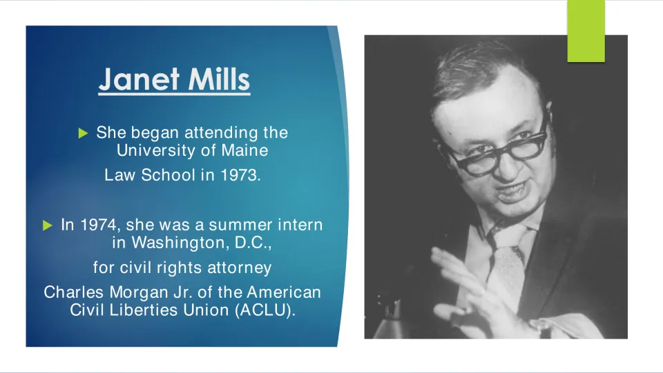 Legal education slide covering Mills's 1973 law school entry and 1974 ACLU internship with Charles Morgan Jr.