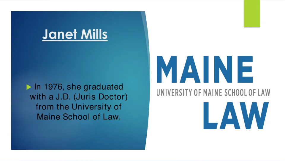Legal education slide stating that Mills graduated with a J.D. from the University of Maine School of Law in 1976