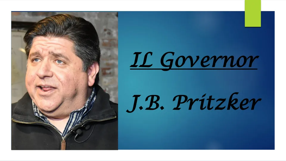 Biography presentation cover featuring a portrait of J.B. Pritzker and the heading 'IL Governor J.B. Pritzker'