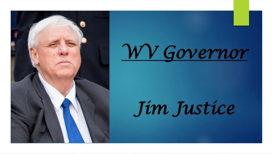 Biography presentation cover titled 'WV Governor Jim Justice,' featuring a portrait of Jim Justice