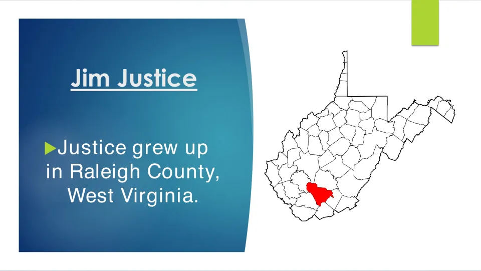 Biography slide on Jim Justice growing up in Raleigh County, with the county highlighted on a West Virginia map