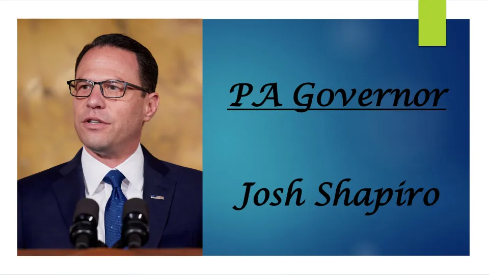 Biography presentation cover introducing Pennsylvania Governor Josh Shapiro, with his name and portrait