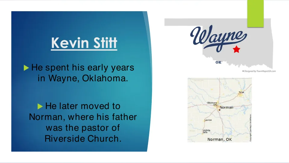 Biography slide tracing Stitt’s childhood in Wayne and Norman, Oklahoma, where his father led Riverside Church