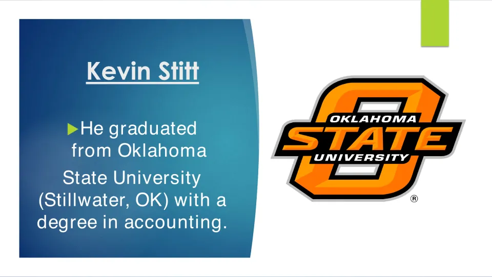 Biography slide describing Stitt’s accounting degree from Oklahoma State University in Stillwater, Oklahoma