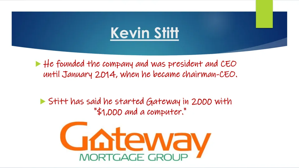 Biography slide covering Stitt’s Gateway leadership roles and his account of starting with $1,000 and a computer