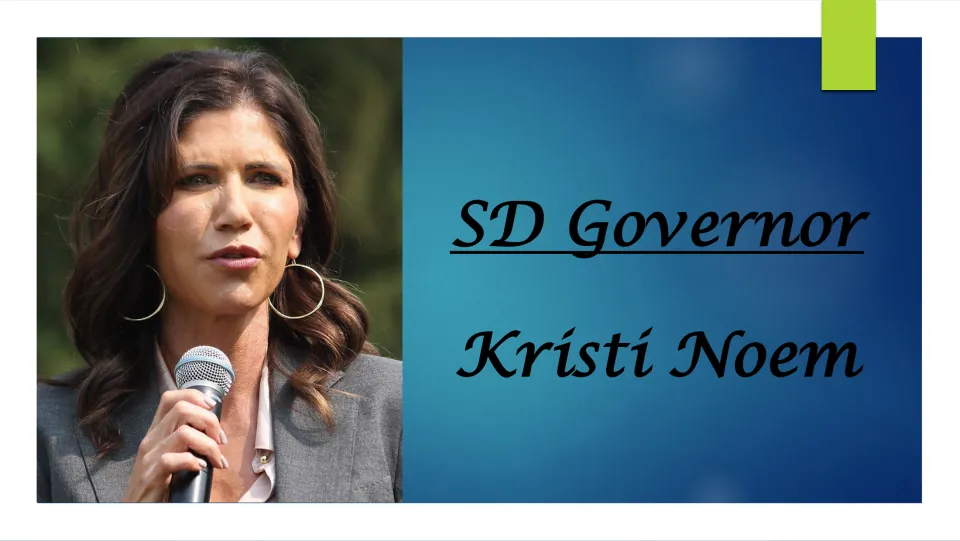 Biography presentation cover titled 'SD Governor Kristi Noem,' showing Noem holding a microphone