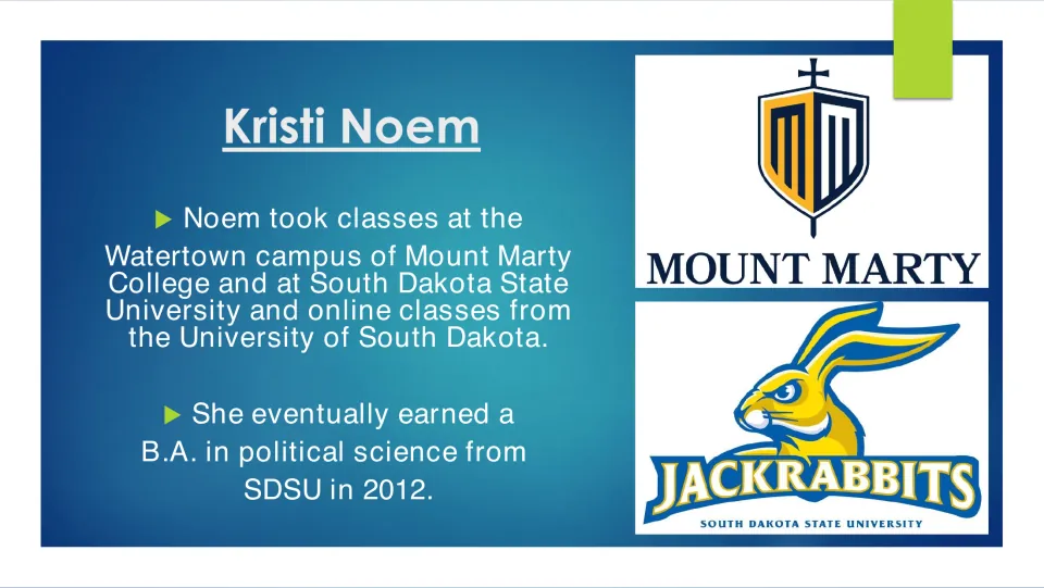 Biography slide on Noem's college coursework and her 2012 political science B.A. from South Dakota State University