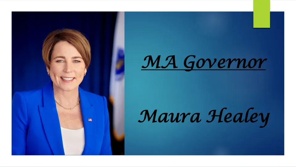 Biography presentation cover featuring Maura Healey’s portrait and the heading “MA Governor Maura Healey”