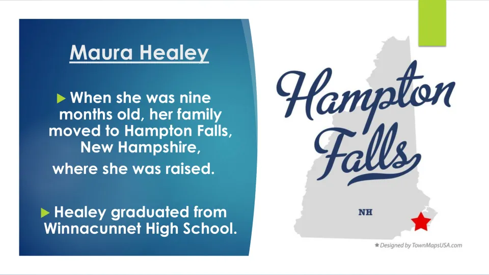 Childhood slide covering Healey’s move to Hampton Falls at nine months and graduation from Winnacunnet High School