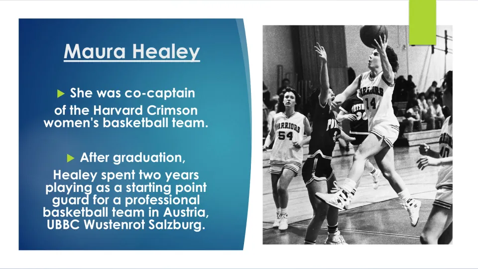 Basketball biography slide covering Healey’s Harvard co-captain role and two years playing professionally in Austria
